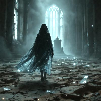 The primary subject of the image is a person, likely a woman, dressed in a long, flowing gown. She is walking down a hallway, possibly in a castle or a similar setting. The setting is a dark, possibly haunted, environment with a sense of mystery. The visual style of the image is a combination of photo and digital art, creating a unique and intriguing atmosphere. The colors and mood of the image are predominantly dark, with a hint of blue, which adds to the overall eerie and